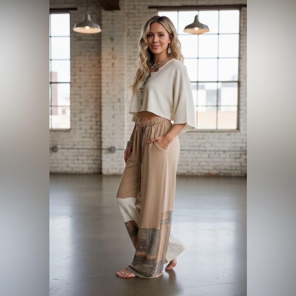 NWT J. Her Patchwork Cable Knit Bandana Boho Print Mixed Media Wide Leg Pants - Picture 7 of 13